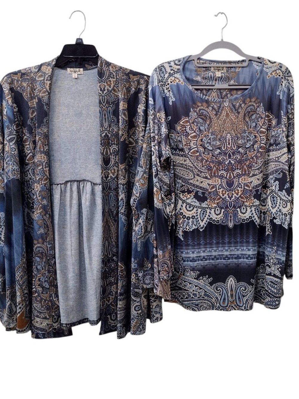 One World Long Sleeve Top & Peplum Cardigan Set, Size 2X, Blue Paisley